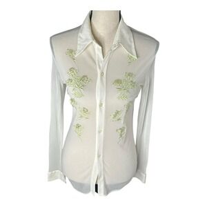 Y2K Vivienne Tam 90s Sheer Floral Ivory Embroidered Sequins Shirt Size 2